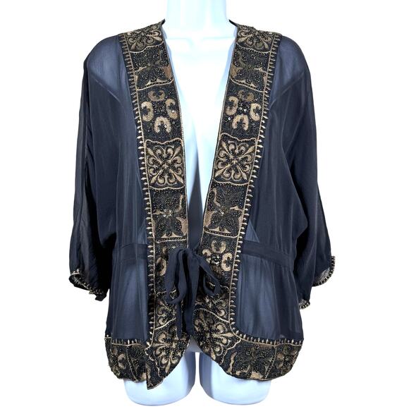 Chico's Black Gold Silk‎ Kimono Jacket Women’s Medium Boho Embroidered Asian - Picture 1 of 12